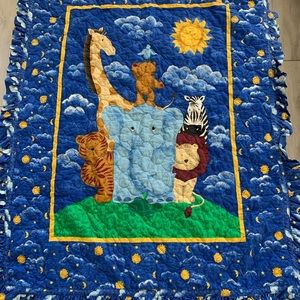 Vintage Noah Ark Night Moon Stars Sun Blue Ruffles Baby Quilt Blanket 36…